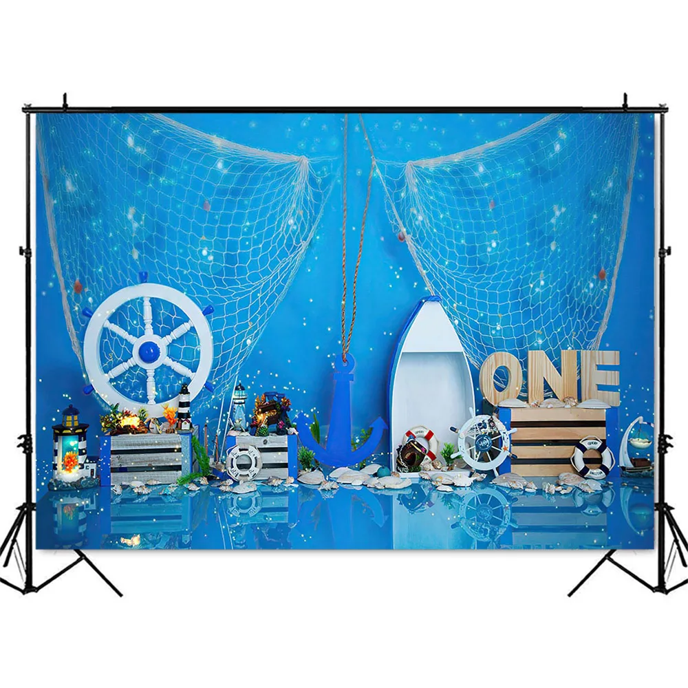 Sailor Cake Smash Backdrop for Photography Little Seaman 1st Birthday Photo Booth Background Anchor Fishing Net 1st Decoration