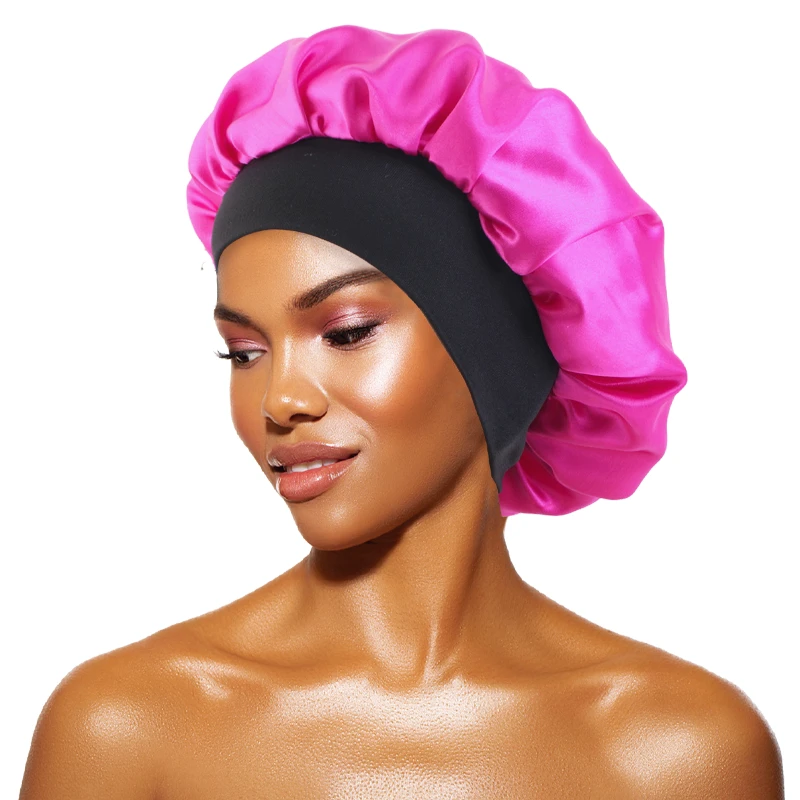 Dames Satijn Effen Mutsen Breedgerande Nachtrust Badmuts Unisex Hoofdwikkel Elastische Band Cap Haarverzorging Motorkap