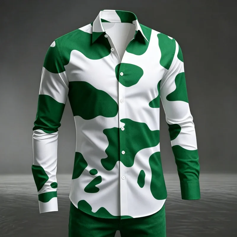 Fashion Cow Spots Pattern Shirts For Men Stylish Long Sleeve Slim Muscle Fit Nightclub Party Casual Tops
