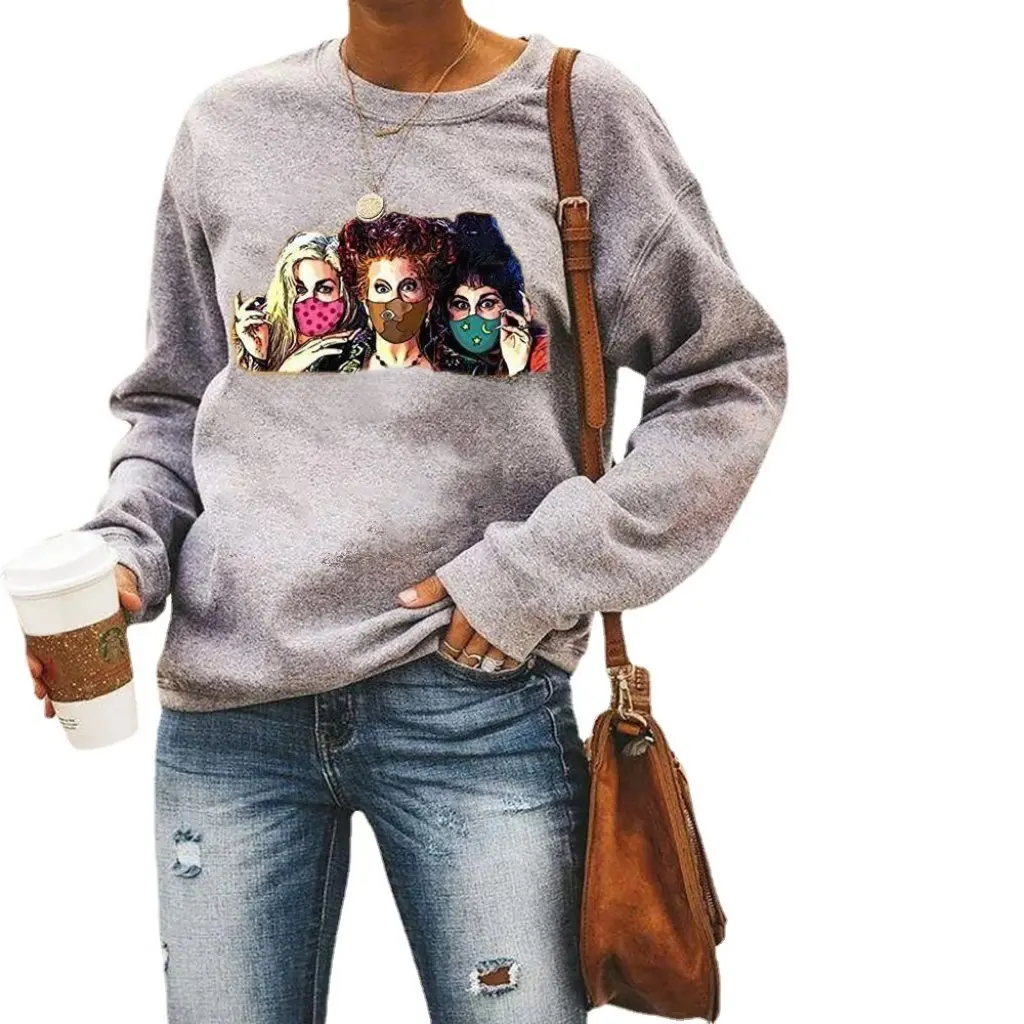 Sudadera de cuello redondo para mujer con estampado de tres brujas, diseño de hombro caído, camiseta de calle de moda