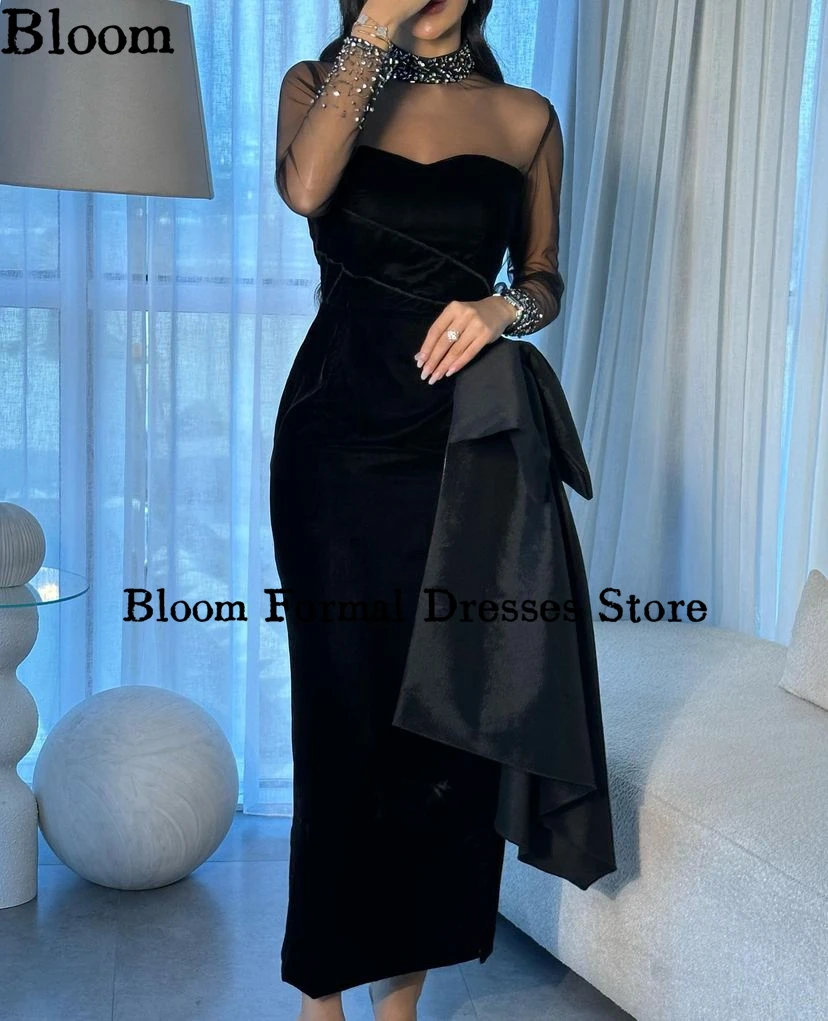 Bloom High Neck Velvet Prom Dresses Beads Long Sleeves Bow Elegant Black Evening Dresses Wedding Party Gown vestidos de gala