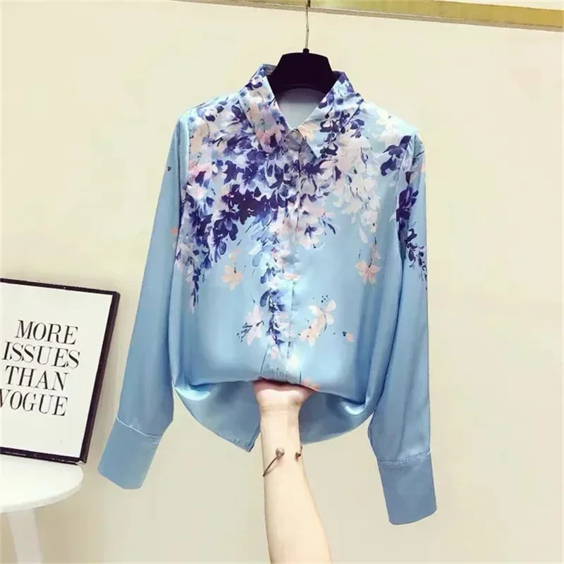 Women\'s Blouse Printed Satin Summer Shirts Lapels Long Sleeves Faux Silk Shirt Female Elegant Blouses Blusas Para Mujer 6673