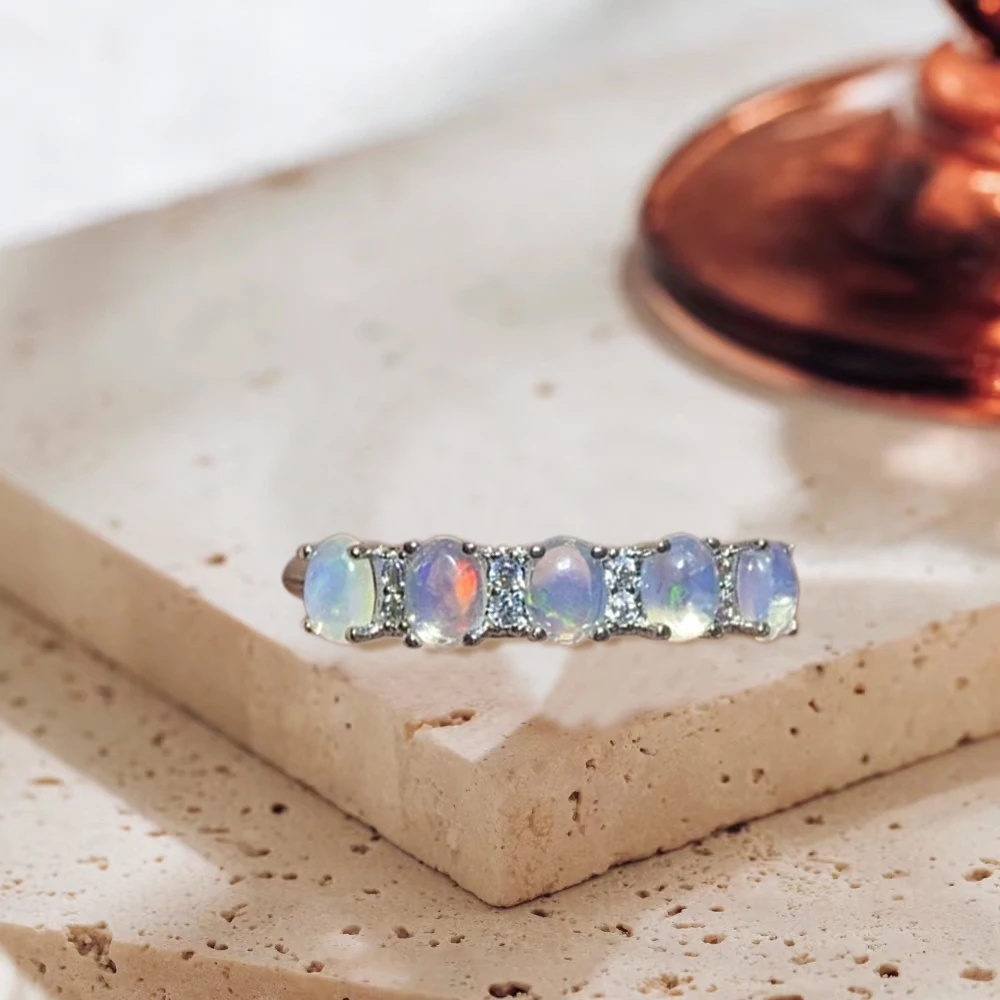 

80 Pieces/natural Opal Stone Ring Fire Color Oval Row Ring Classic Simple Ring with Diamond for Women Fine Jewelry Wholesale