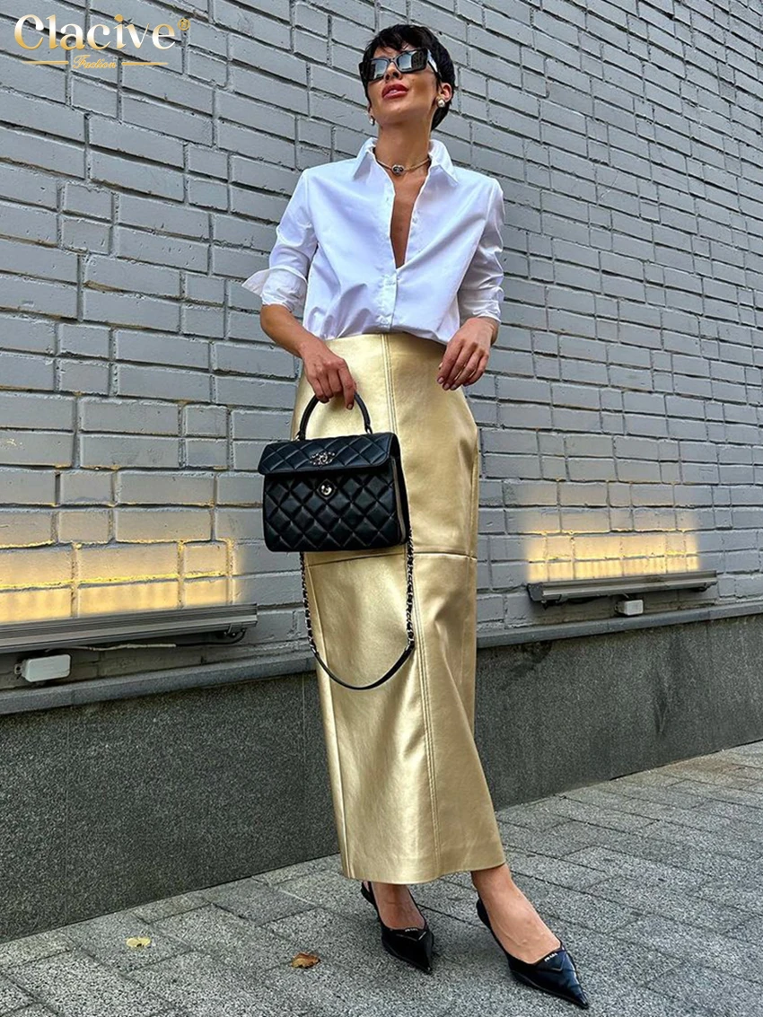 

Clacive Elegant Gold Pu Leather Skirts For Women 2023 Fashion High Waist Office Long Skirt Casual Classic Skirt Female Clothing