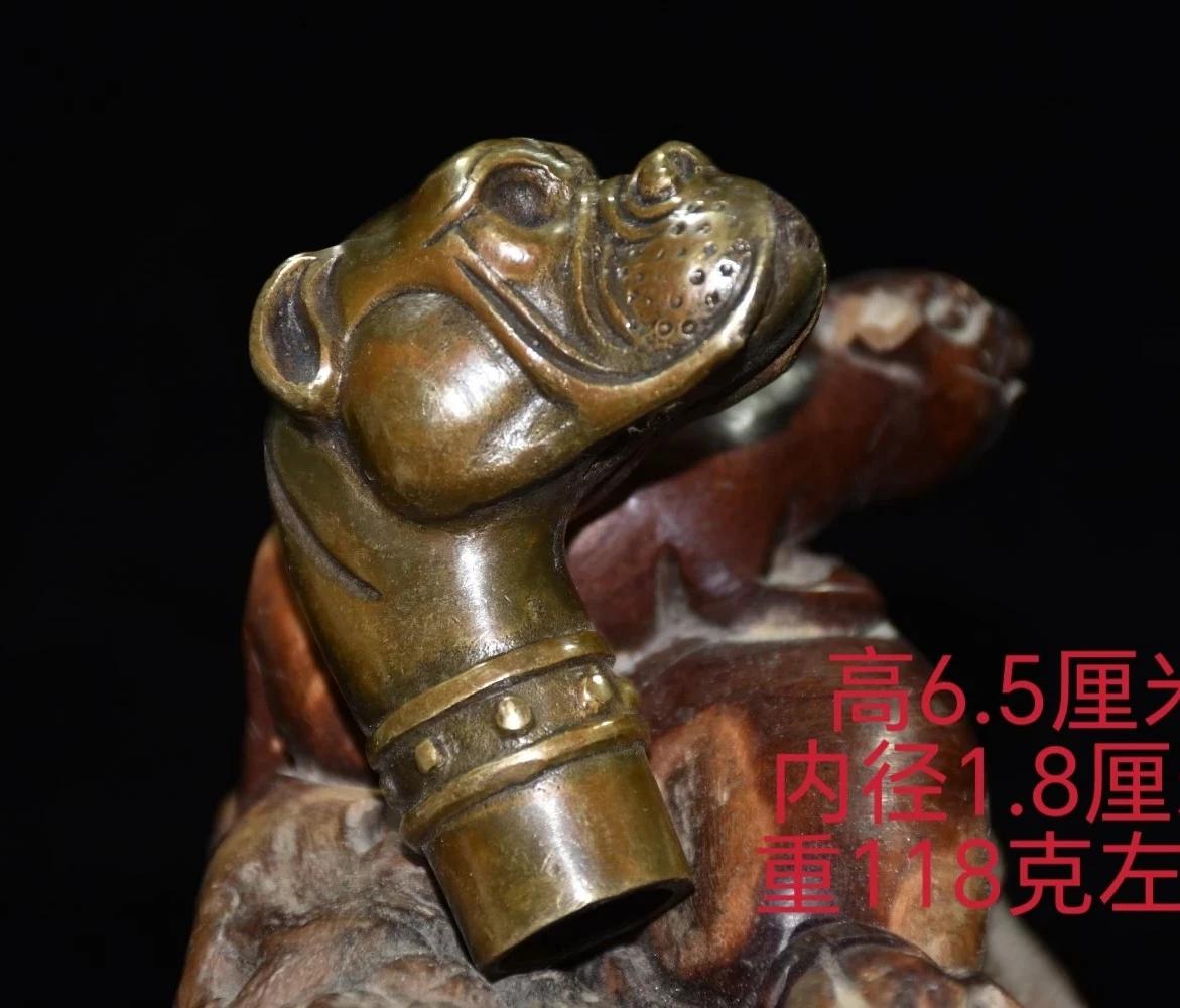 Pure Copper Old Brass Chinese Bronze Hand Carved Dog Statue Cane Walking Stick Head Crafts