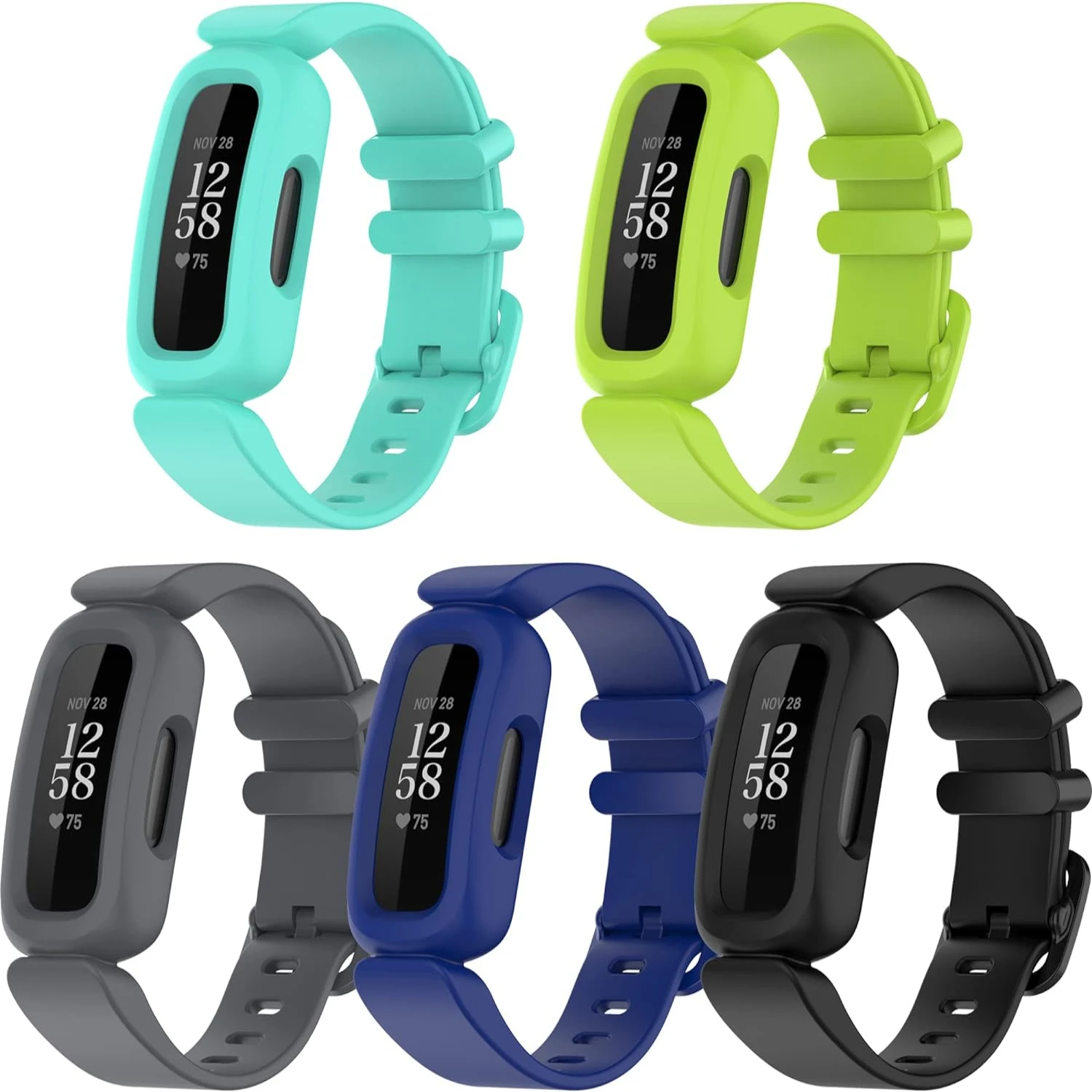 

Stylish and durable silicone band set for everyday wear and exercise enthusiasts, available in teal, green, gray, blue, and blac