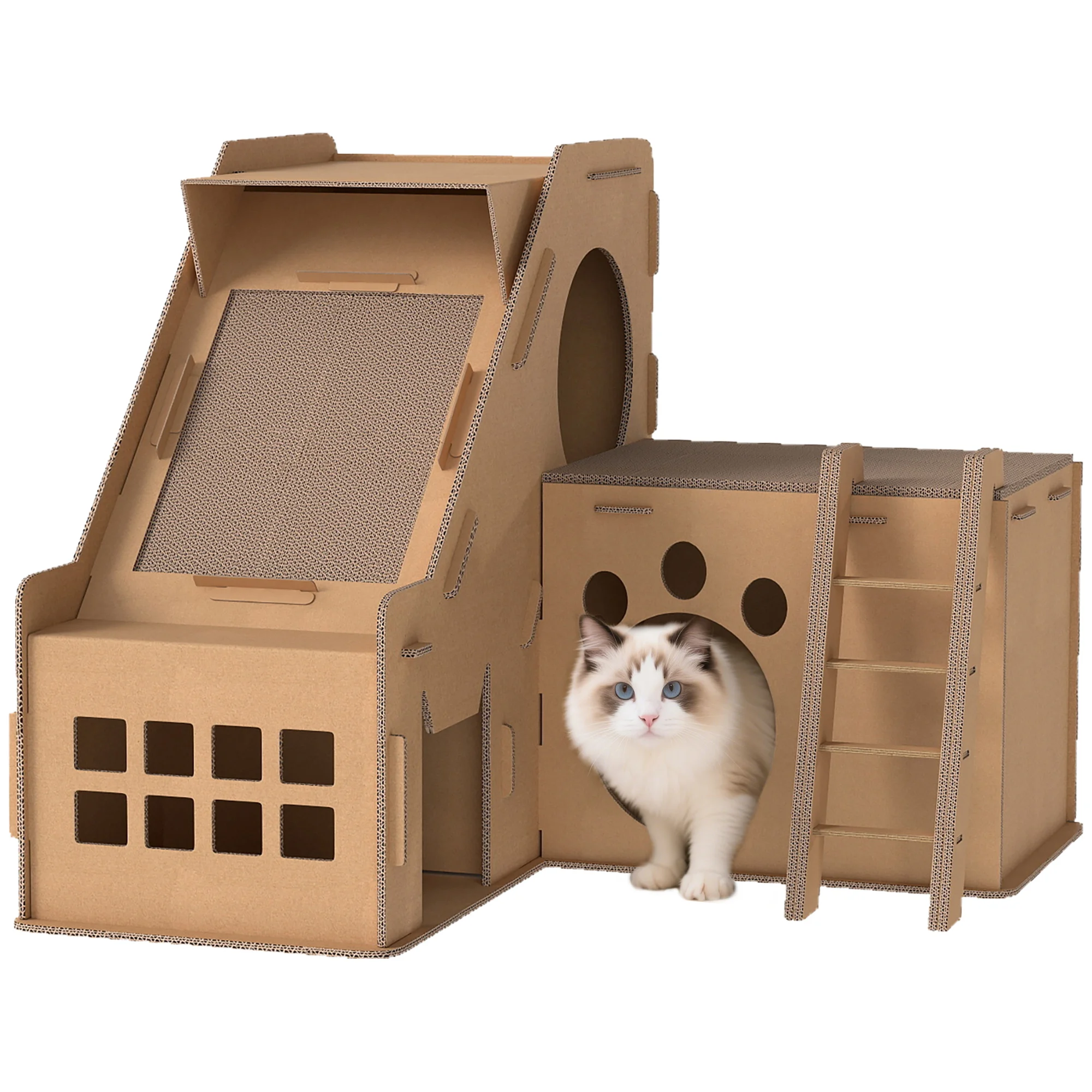 Rascador Cartón para Gatos Forma Castillo 2 en 1 Rascador para Gatos con 2 Zonas de Rascado Catnip 67x66x57 cm Marrón