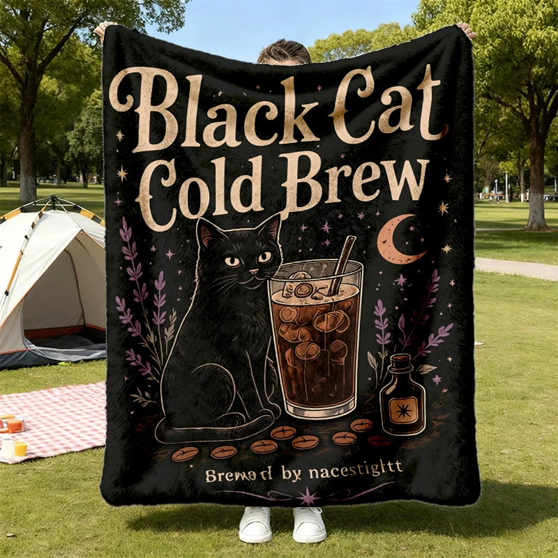 Black Cat Cold Brew Warm Blanket, Halloween Soft Blanket, Witchy Black Cat Comfy Blanket, Spooky Coffee Flannel Blanket