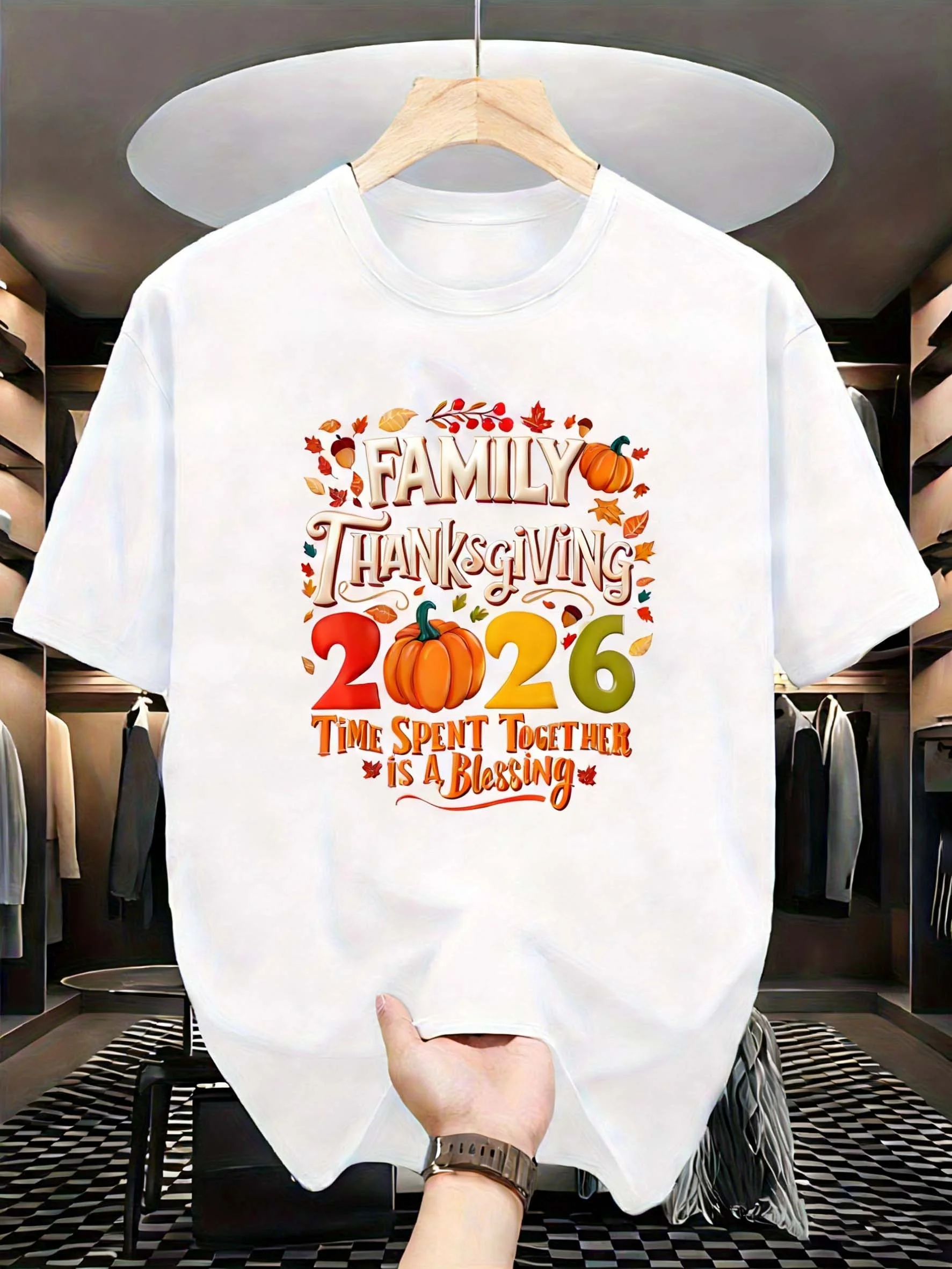 2026 Family Thanksgiving T-Shirt - Celebrate The Joy of Being Together: Autumn Harvest Design T-Shirt with Vivid Pumpkin and Leaf Patterns - Casual Crew Neck T-Shirt, Ideal Thanksgiving Gift for Family Gatherings