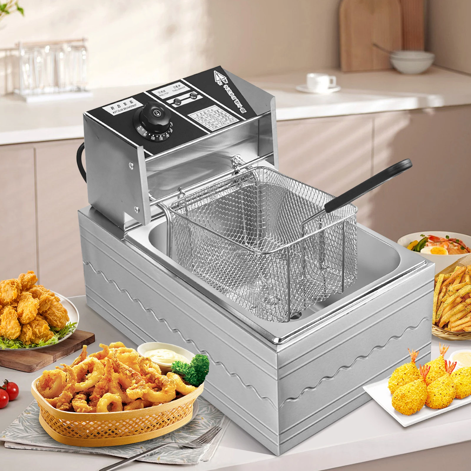 Freidora Eléctrica de 6L y 2500W, Freidora Doméstica de Acero Inoxidable para Pollo Frito y Papas Fritas, con Control de Temperatura Ajustable