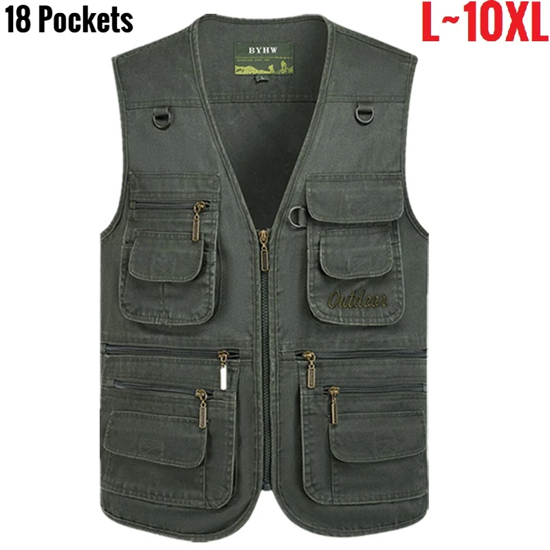 Gilet multi-poches pour hommes, veste sans manches à fermeture éclair, grande taille, voyage, pêche, travail, extérieur, tactique, Plus Large 10XL 9XL, printemps