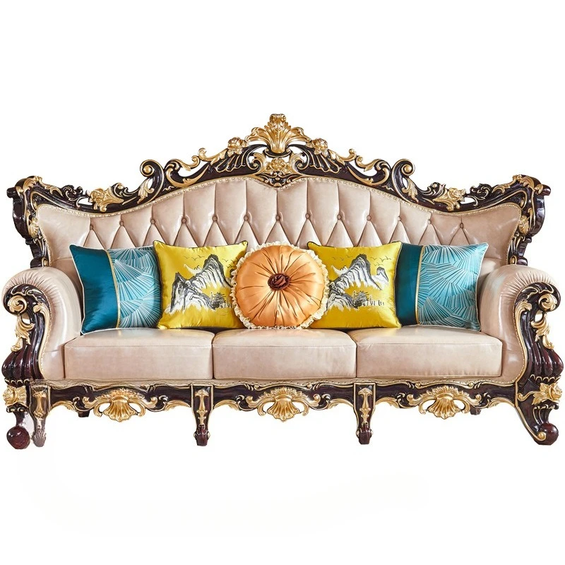 

Leather sofa combination solid wood double-sided engraved European style