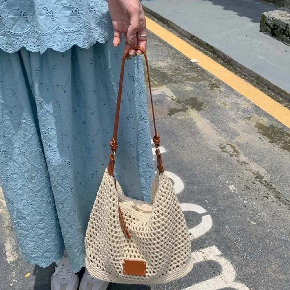 

Shoulder Bag Large Capacity Crochet Tote Bag Lightweight PU Strap Hollow Woven Bag Cotton Polyester Knitting Handbag Daily