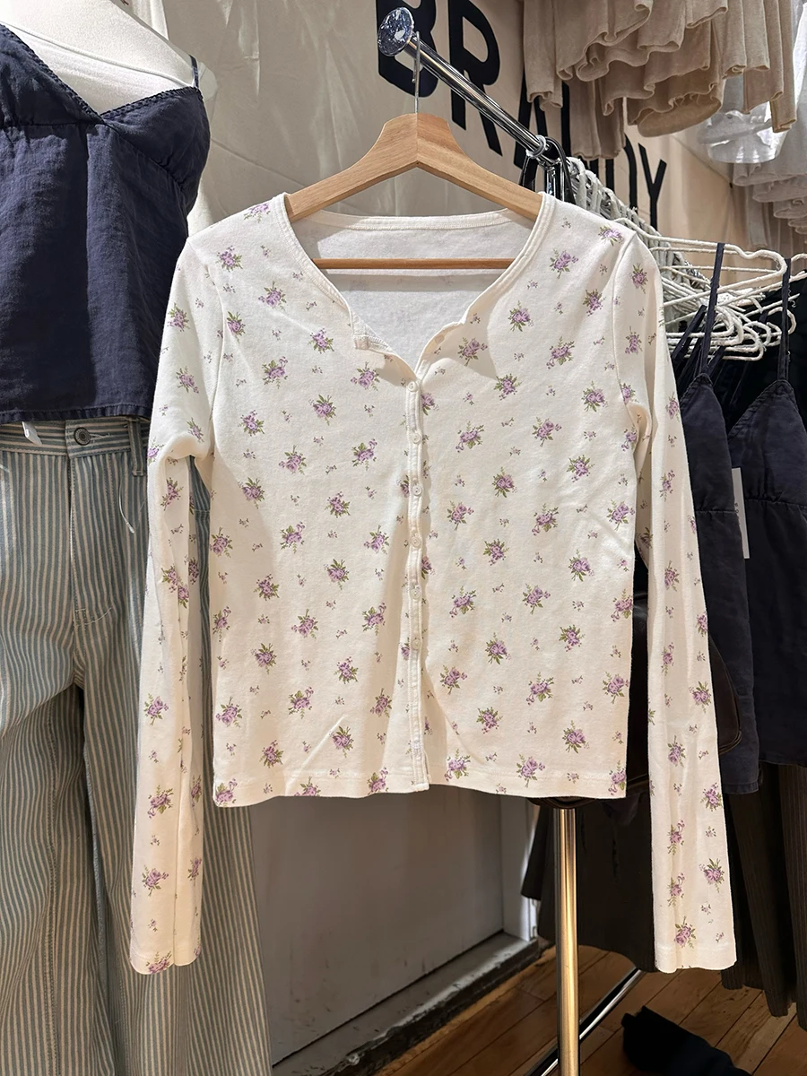 الأرجواني الأزهار سترة طويلة الأكمام تي شيرت المرأة الجديدة مغرفة الرقبة واحدة الصدر تي شيرت الحلو القطن عادية سليم التي شيرت بلايز #4