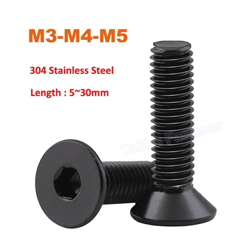 

5-30pcs M3 M4 M5 304 A2-70 Stainless Steel Hex Hexagon Socket Flat Countersunk Head Machine Screw Allen Bolt Length 5~30mm Black