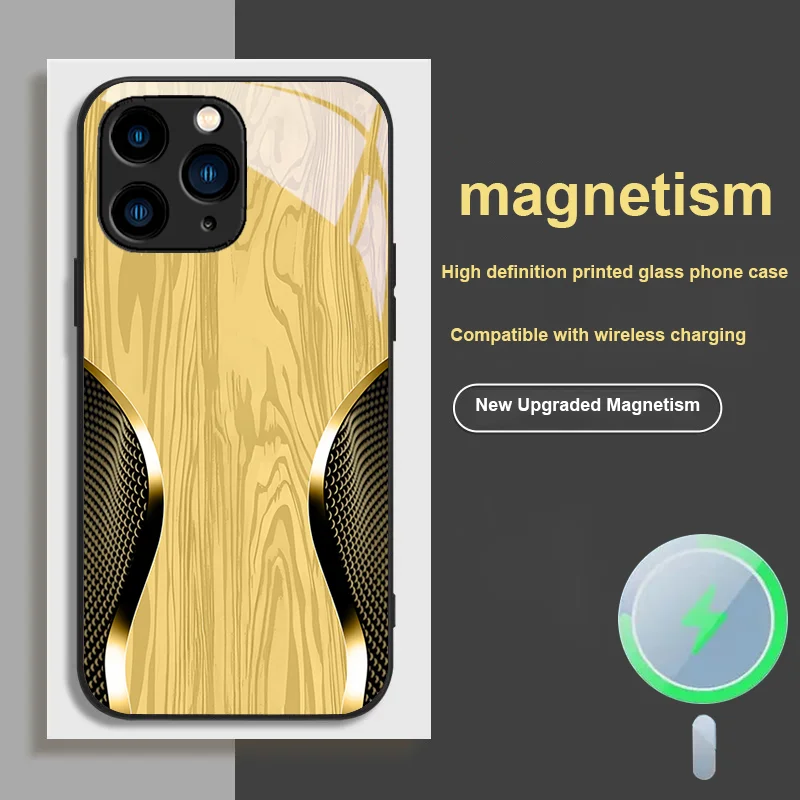 

For iPhone 15 12 14 Pro MAX 8 11 X XR 13 16 Magnetic Glass Phone Case Hyperbolic Luxury Wood Grain Texture Series Design