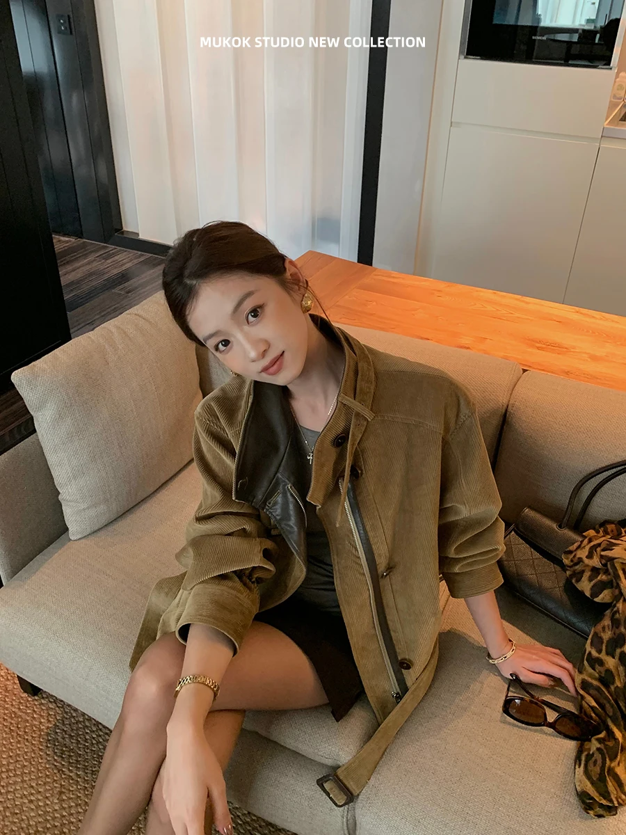 MUKOK Short Corduroy Jacket Vintage Faded Shoulder Drop Shoulder Short Style Commute Cotton Ladies' Jacket Zipper Closure