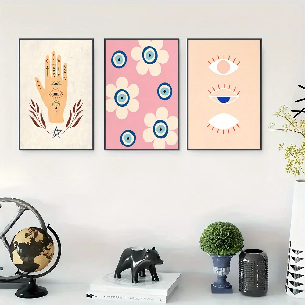 (No frame)Set of 3 Unframed Abstract Posters Featuring Mystical Hand-Painted Designs, Eye Symbol Art Prints, And Evil Eye Can