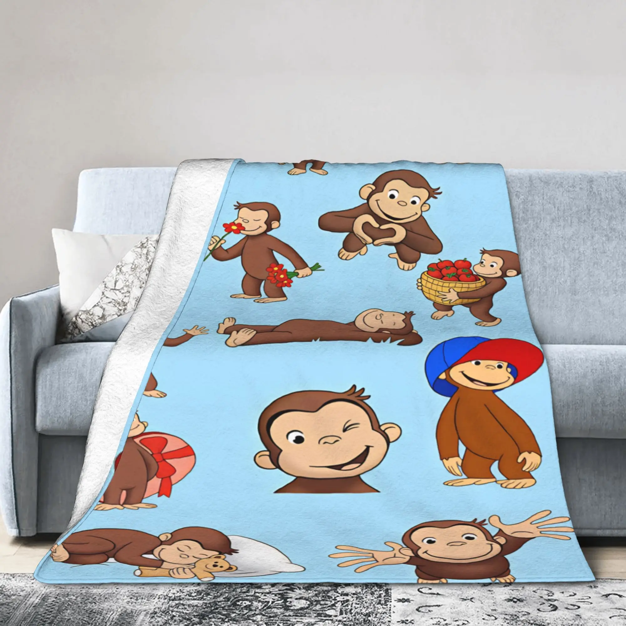 Curious George Cute Poses Warm Comfy Blankets  Funny Travel Office Throw Blanket Couch Chair Flannel Bedspread Sofa Bed Cover