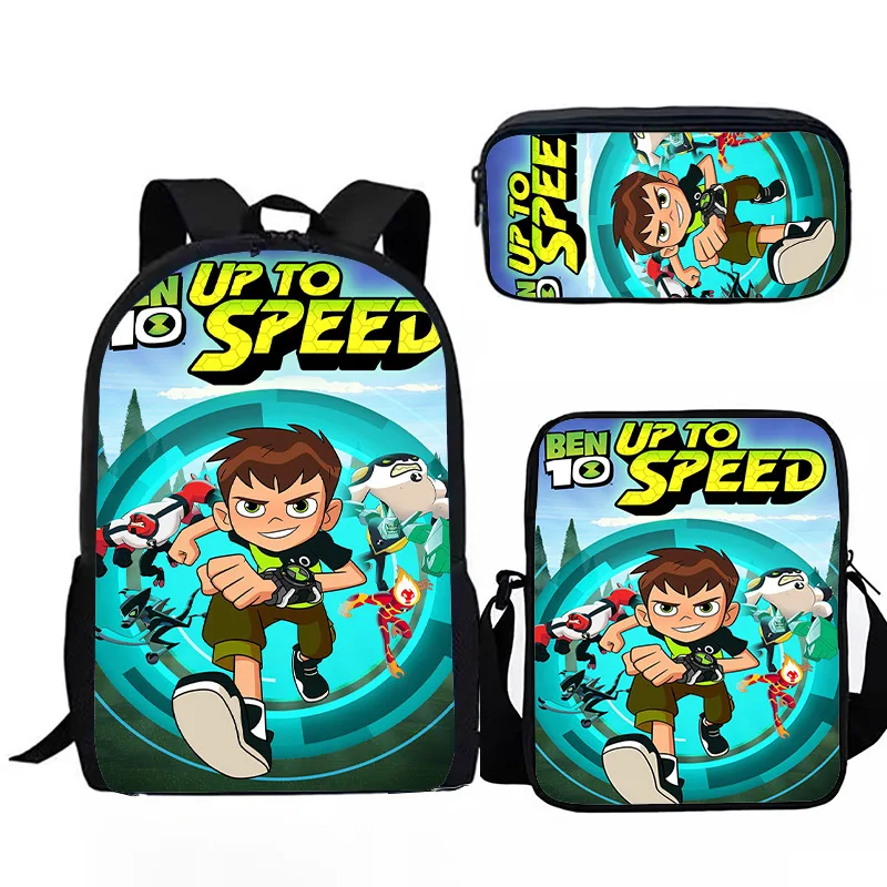 Jovem Ben10 Impressão 3D Mochila Laptop, Sacos de Viagem Estudantil, Bolsa de Ombro, Lápis, Mochila Popular, 3pcs por conjunto