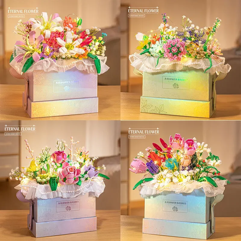 

New Arrival Eternal Flower Basket Mini Building Blocks Lily Rose Tulip Carnation Figures Assembled Creative Model Bricks Toy