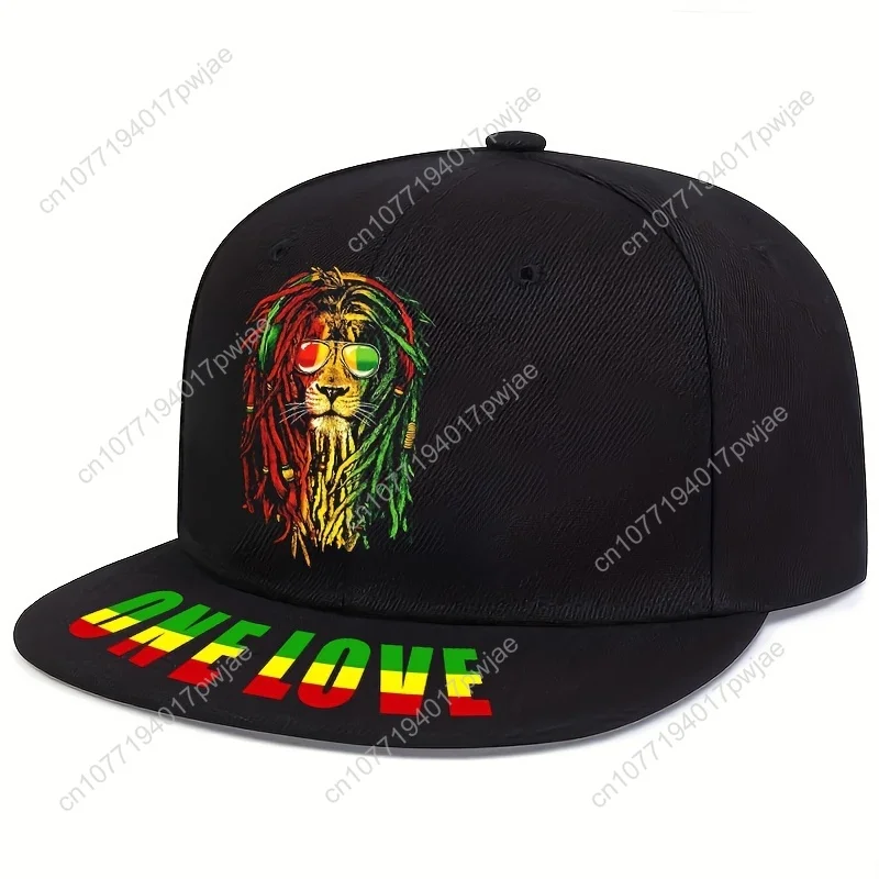 ONE LOVE " Reggae-Inspired Baseball Cap - Street Style, Sun Protection, 100% Polyester, Hand-Washable - Black with Colorful Lion