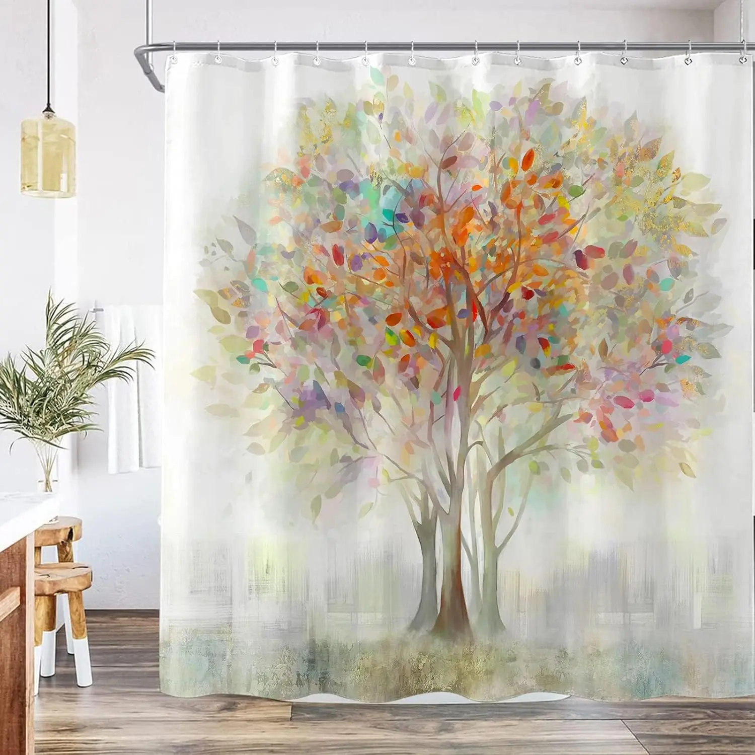Watercolor Multicolor Lucky Tree Art Print Shower Curtain Waterproof Anti Mildew Polyester Fabric With Free Plastic Hooks Easy Q