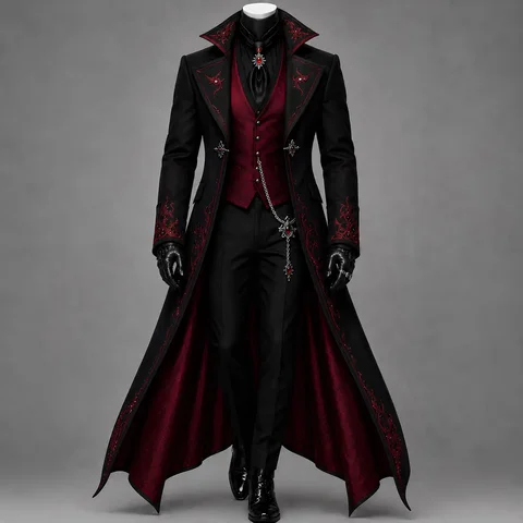 Luxury Gothic Men Vampire Long Overcoat Suit Red Floral Embroidery 3 Pcs Slim Fit Halloween Party Victorian Tuxedo Customized