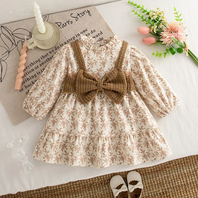 

Girls Dress Korean Fashionable 2025 Spring Autumn New Girl Bow Floral Princess Dress Long Sleeve Fake 2 Piece Skirt