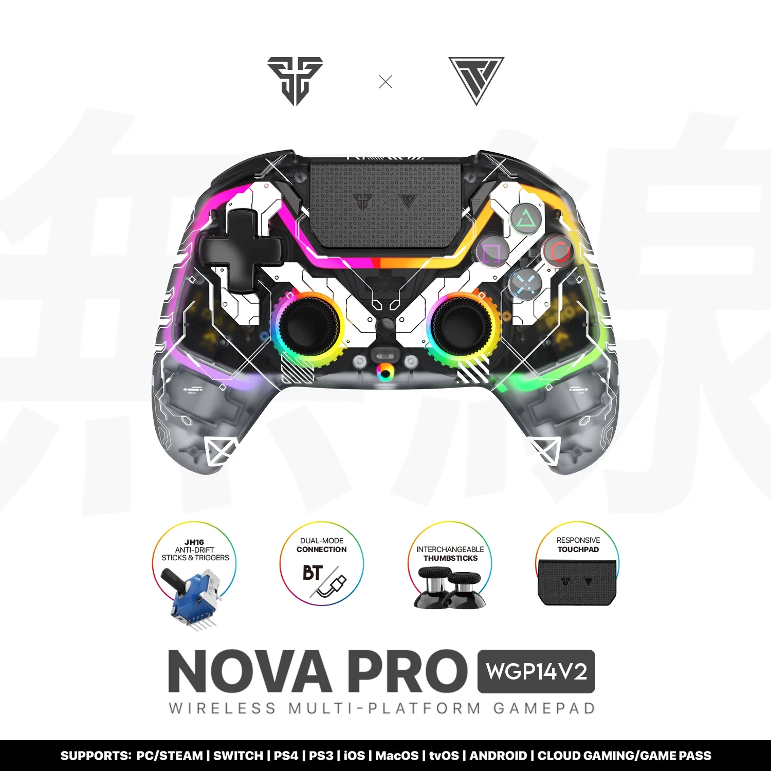 

FANTECH WGP14-V2 Gaming Controller RGB Light Bluetooth Wireless Gamepad Hall Effect Joystick Trigger for PS4 PS3/Switch/PC/Phone