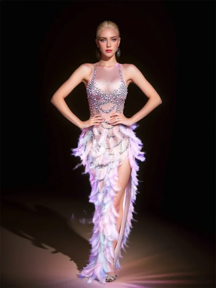 

2024 Summer Women O Neck Feather Pearl High Split Dress Birthday Party Costume Bar Nightclub Stage Performance Dress