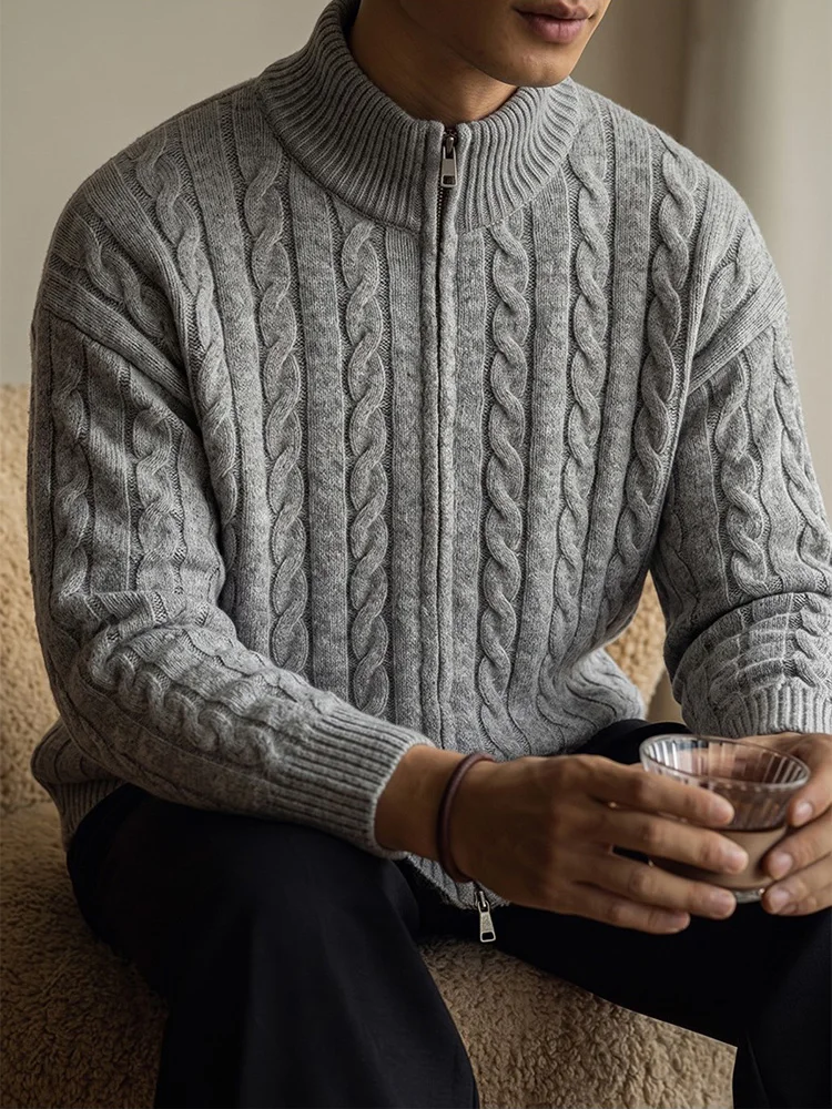 Herbst Herren Jacquard-Pullover Einfarbig Slim Fit Gemütlicher Pullover Lässige Mode Streetwear Warmer Strick-Cardigan mit Reißverschluss – Detail 5
