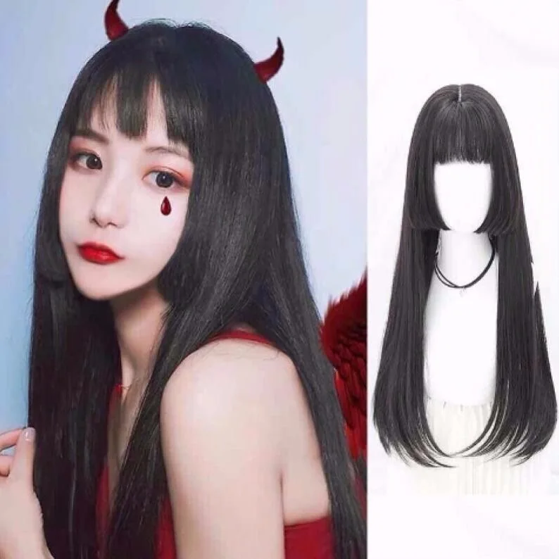 Pelucas sintéticas de Lolita para mujer, peluca larga y recta con flequillo, peluca de Cosplay de impacto Genshin, rojo, Negro, Rosa, blanco