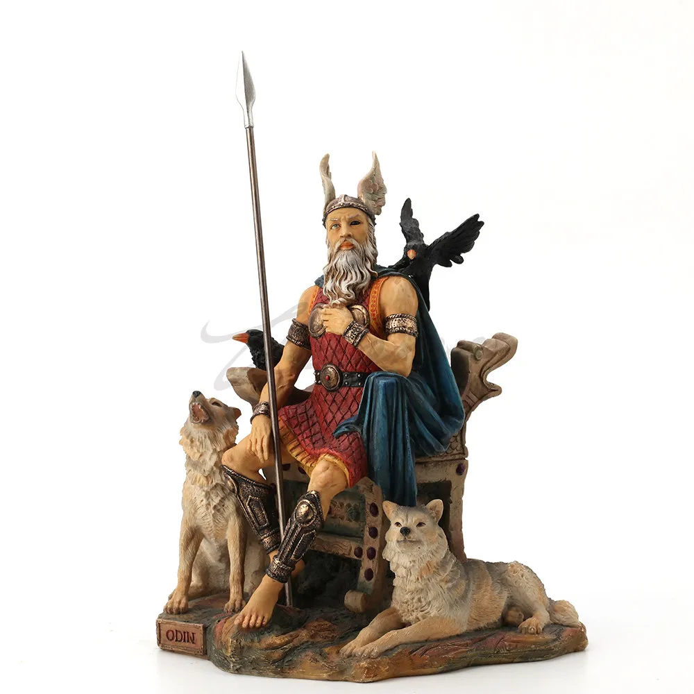 Norse God Odin Statue Hand Painted Resin Figurine Viking Allfather with Wolves and Raven Sculpture Home Office Decoration Gift