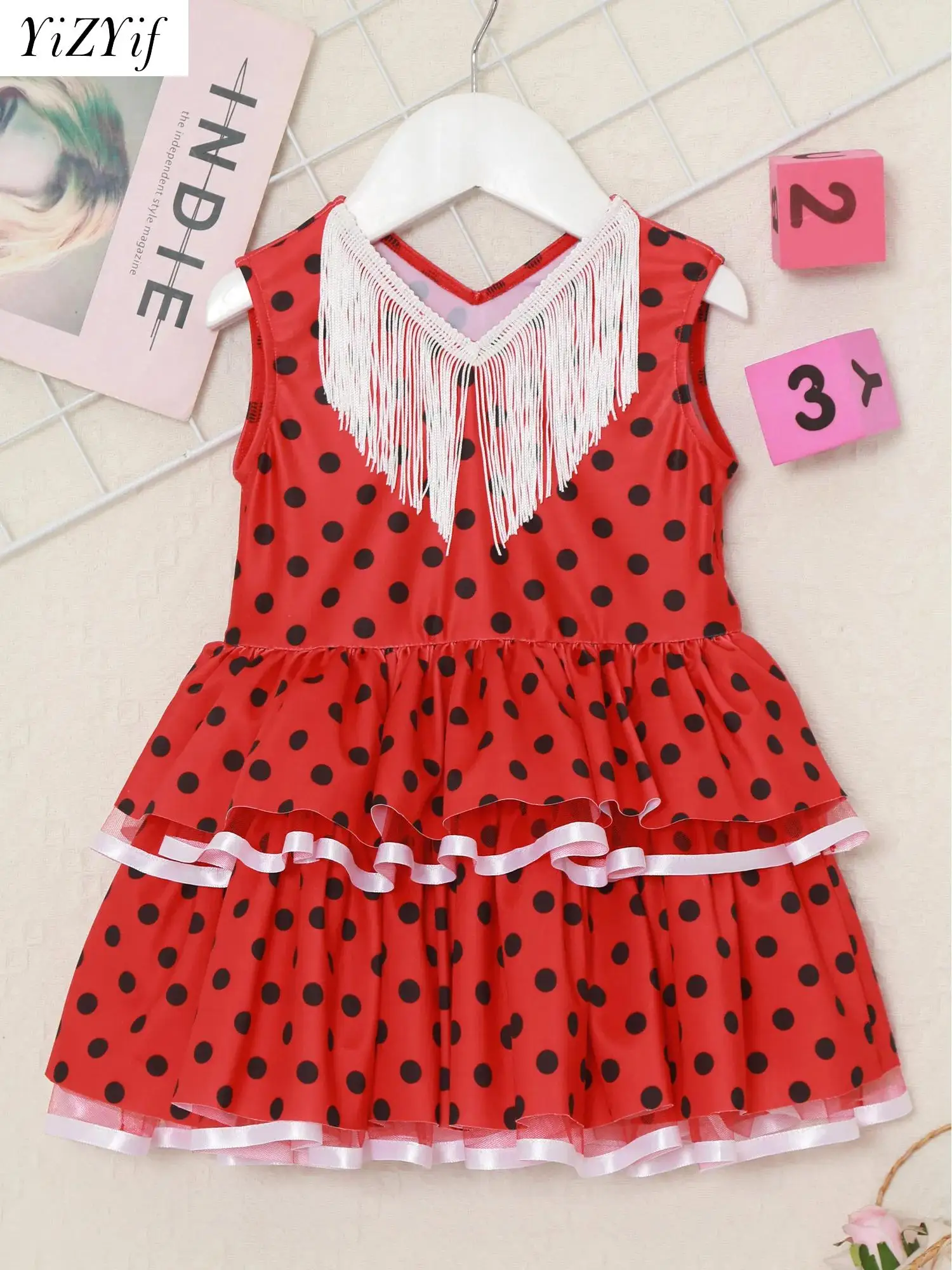 Baby Girls Flamenco Dance Dress Spanish Flamengo Gypsy Bull Performance Costume Sleeveless Tassel Polka Dot Mesh Layered Tutu