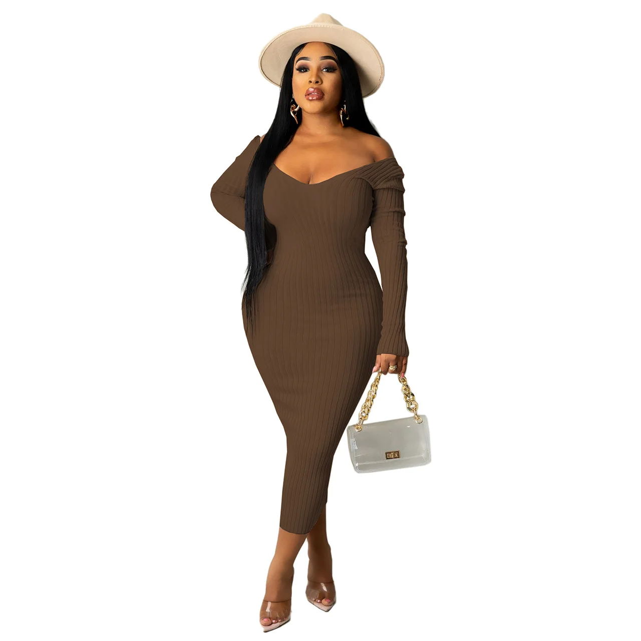 

Long Sleeve Autumn Midi Dress Basic Pure Ribbed Knitting Sweater Dress Off Shoulder Long Winter Elegant Backless Dresses 2022