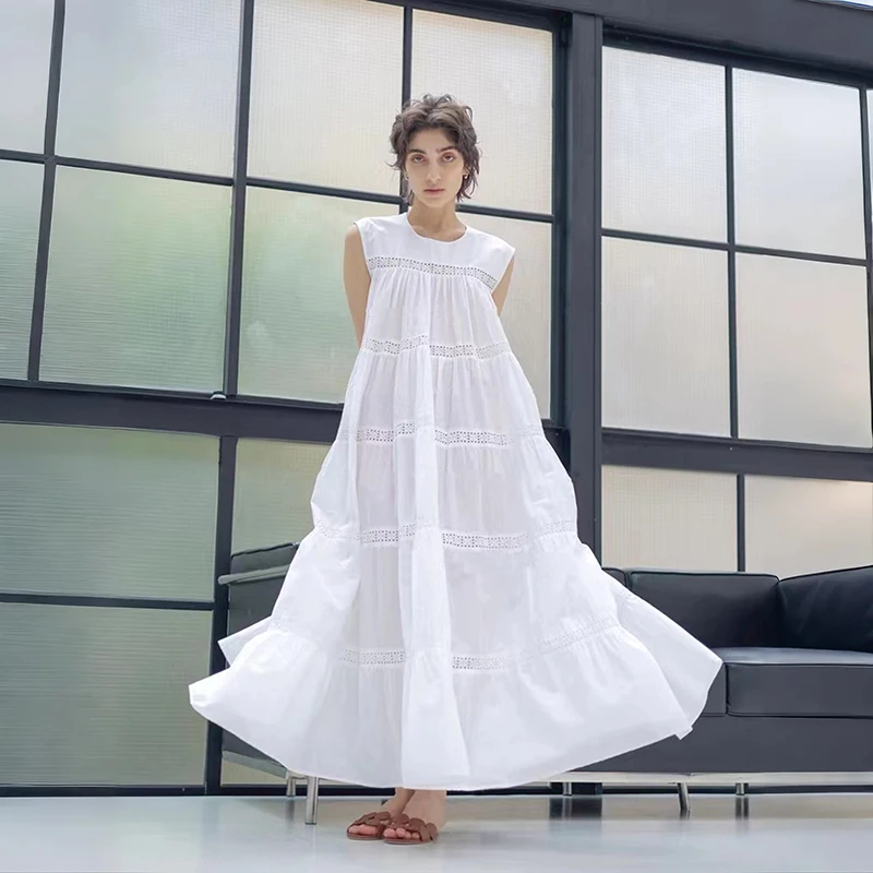 

Summer New Women's White Simple Color Maxi Skirt Loose Sleeveless Top Dress Long Dress French Style Loose Waist Cotton ...