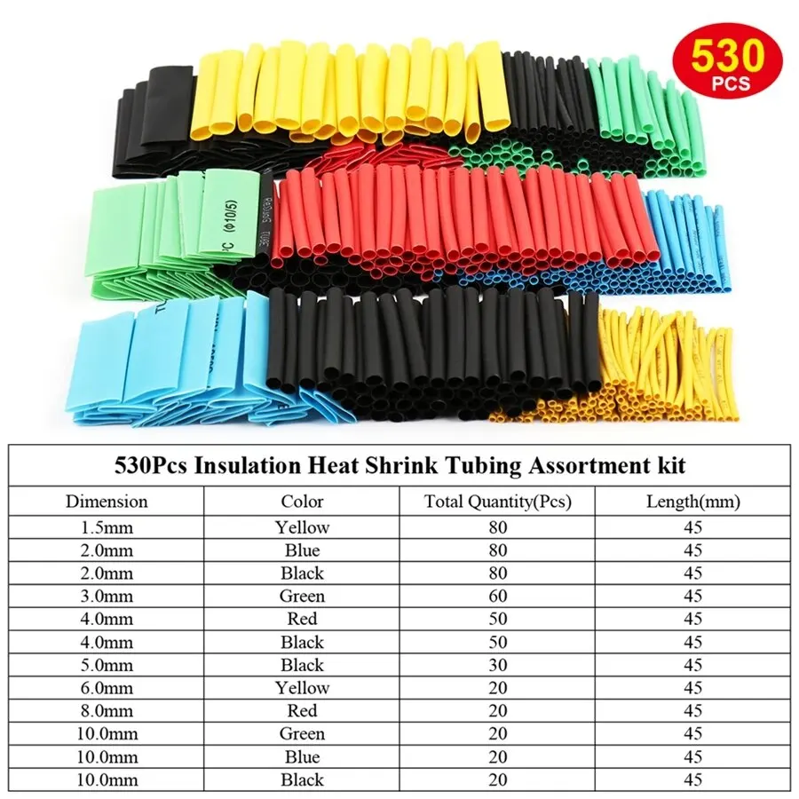 530/560/580/800PCS Heat Shrink Tubing 2:1 Electrical Wire Cable Wrap Assortment Electric Insulation Heat Shrink Tube Kit