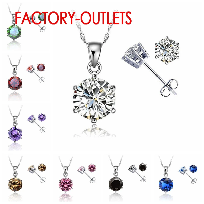 New Elegant 8 Colors Cubic Zirconia 925 Sterling Silver Jewelry Sets 6 Claws Stud Earring Pendant Necklace 18