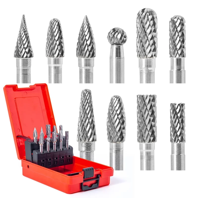 

AAAN-10 Pcs Carbide Burr Set 1/4 Inch Shank, Double Cutting Burr For Milling, Carving, Engraving, Deburring, Drilling Wood