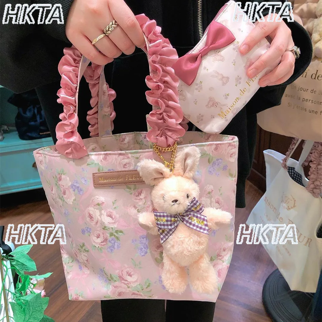 Japanese Country Floral Printed Letter Kawaii Bow Large Capacity Cosmetic Bag Autumn Sweet Pleated Lolita Handheld Bag Women