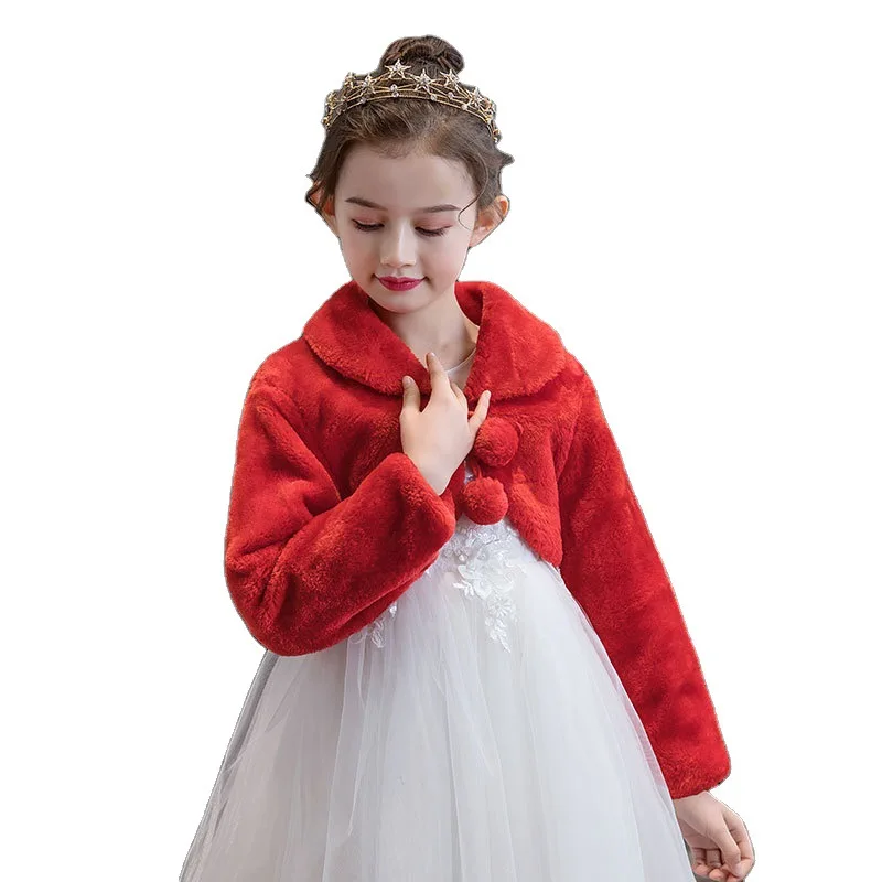 Kids Wedding Wrap Long Sleeves Faux Fur with Collar Flower Girl Jacket Winter Shawl Child Bridal Cape Party Shrug