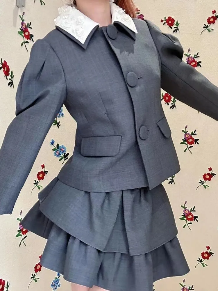 Office Lady Vintage Jacket Puff Sleeve Single Breasted Handmade Beading Sequined Double Layered Collar Women Elegant Outerwear