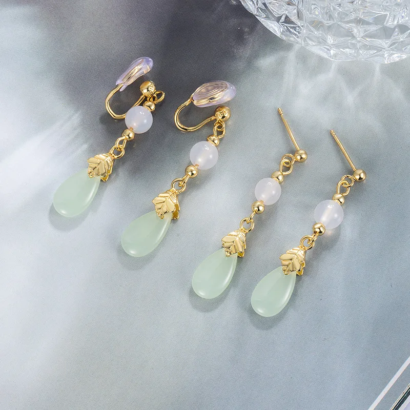 Chinese National style Hotan Jade Eardrop Water Drop Ear Clip For Women Temperament 925 Gold Color Leaf Earrings KOFSAC - Image 2