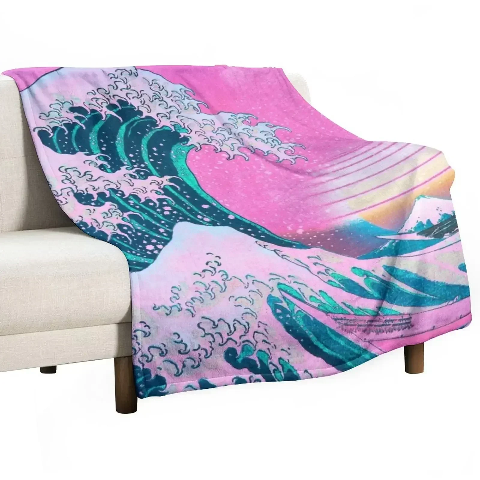 Vaporwave Aesthetic Great Wave Off Kanagawa Retro Sunset Throw Blanket Luxury Brand Kid'S Blankets