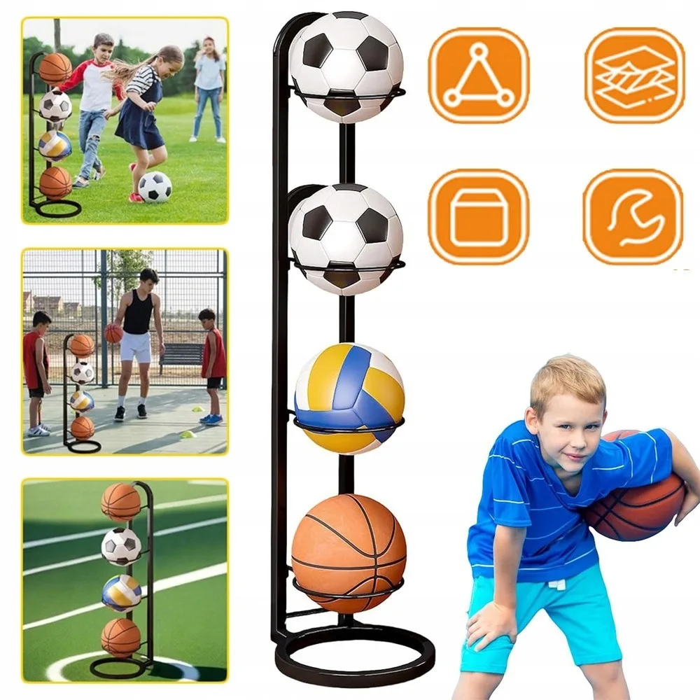 Support de rangement pour ballons, support métallique à 4 niveaux, support de rangement vertical pour ballons, organisateur de rangement pour équipements sportifs, adapté au basketball, au football et au volley-ball