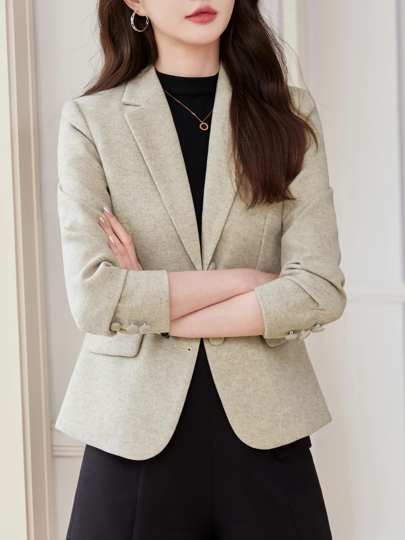 울 싱글 브레스티드 슬림핏 블레이저 - 다용도 고급 미니멀리스트 우아하고 편안한 출퇴근용 수트 재킷