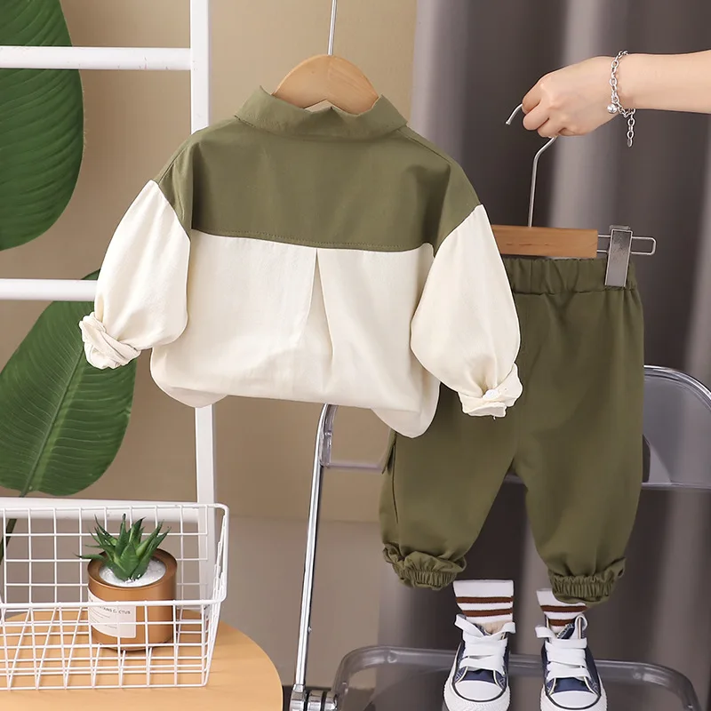 Spring Autumn Children Clothing Set Baby Boys Patchwork Lapel Shirt + Cargo Pants 2Pcs for 1-5 Years Kids Casual Tracksuit