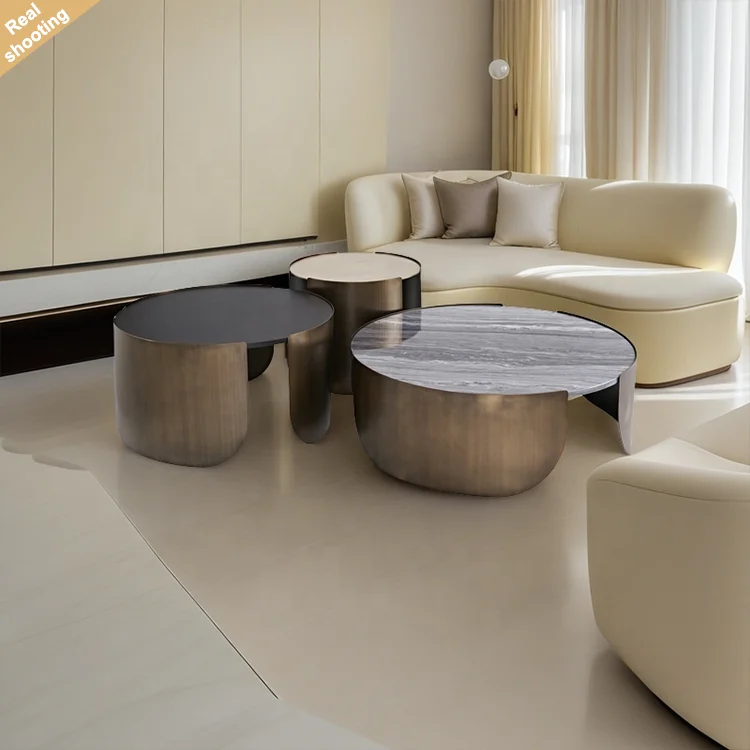 

Hot Sale Italian Antique Bronze Design Luxury Modern Marble Wood Stainless Steel Coffee Table Set