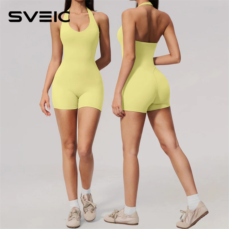 SVEIC One-Piece Gym Jumpsuit Women Halter Neck Backless Fitness Butt Lift Shorts Slim Fit Running Workout Bodysuit Yoga Clothing